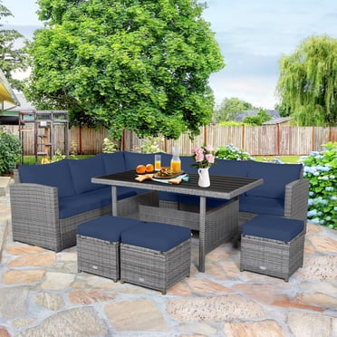 Patiojoy Outdoor Wicker Coversation Set, 7 Piece, with Navy Cushions