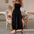 thumbnail image 1 of Women's Boho Maxi Dress, Summer Spaghetti Strap Wedding Guest Dresses Vacation Ruched Ruffle Flowy Sundress Black XL, 1 of 6