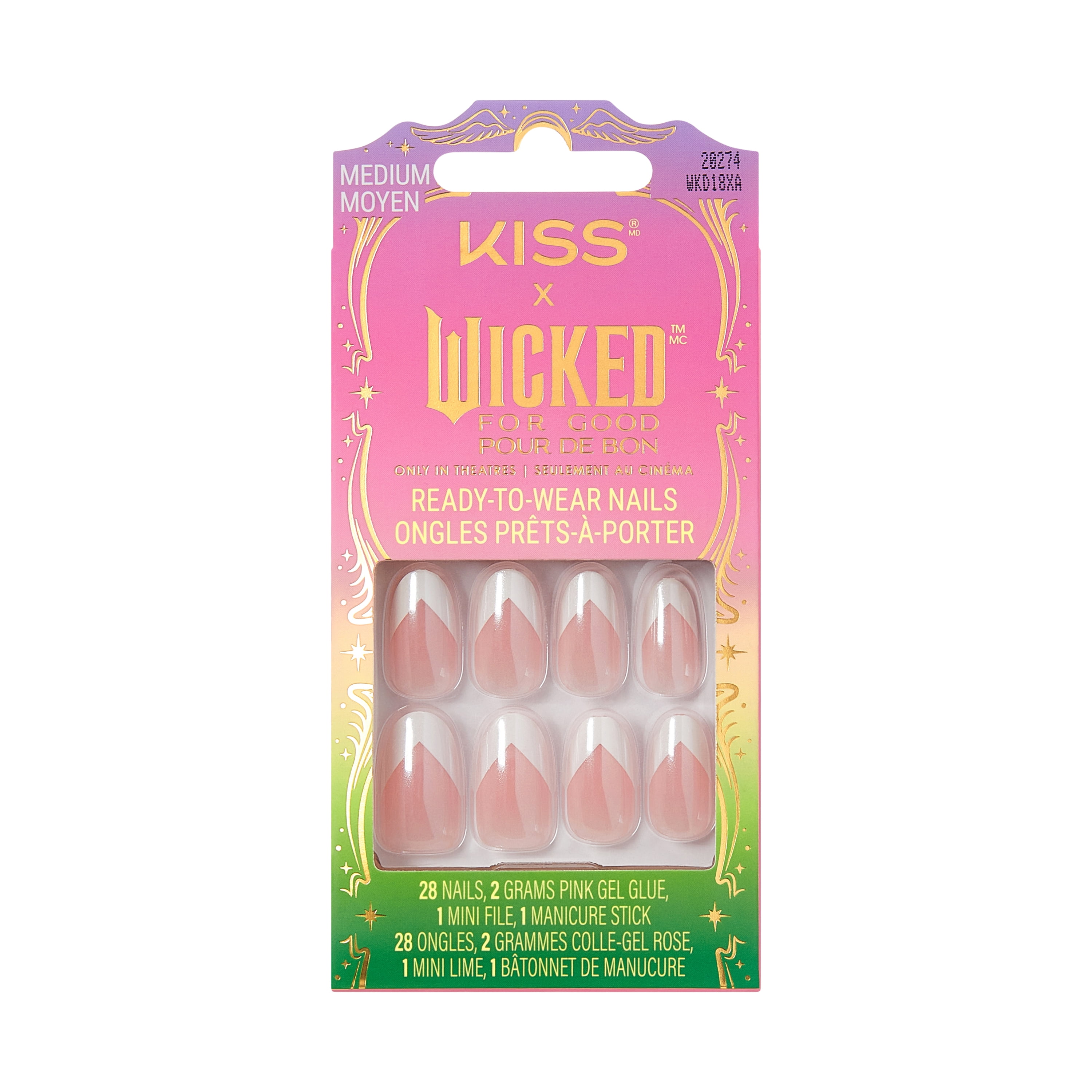 Kiss Nail - Wicked - Good News Glinda - Medium - French Nail - 28 ongles - 1 colle gel rose