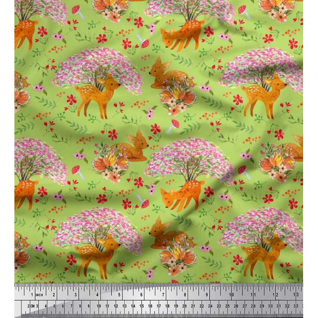 Soimoi Poly Georgette Fabric Tree,Floral & Deer Animal Fabric Prints by Yard 52 Inch Wide