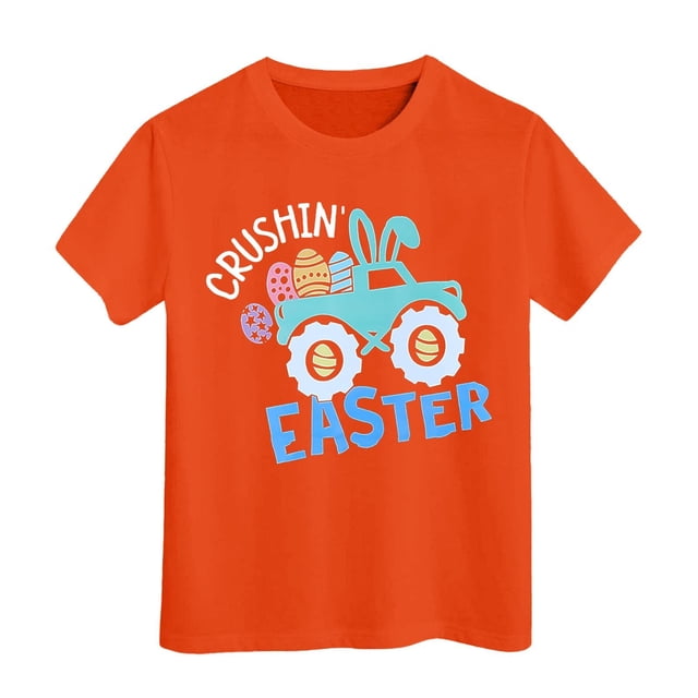 PMVFHDE Tenue de Pâques pour Filles T-Shirt Graphique de Pâques / Imprimé Lapin & Œuf Manches Courtes Col Rond / Tee-Shirt en Coton Doux pour Tout-Petit / Tenue Décontractée Printemps Été Orange, 3-4 Ans