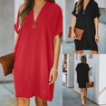 thumbnail image 1 of AMERTEER Robe de Bureau Décontractée pour Femmes, Col en V, Manches Courtes, Couleur Unie, Longueur Genou, 1 of 14