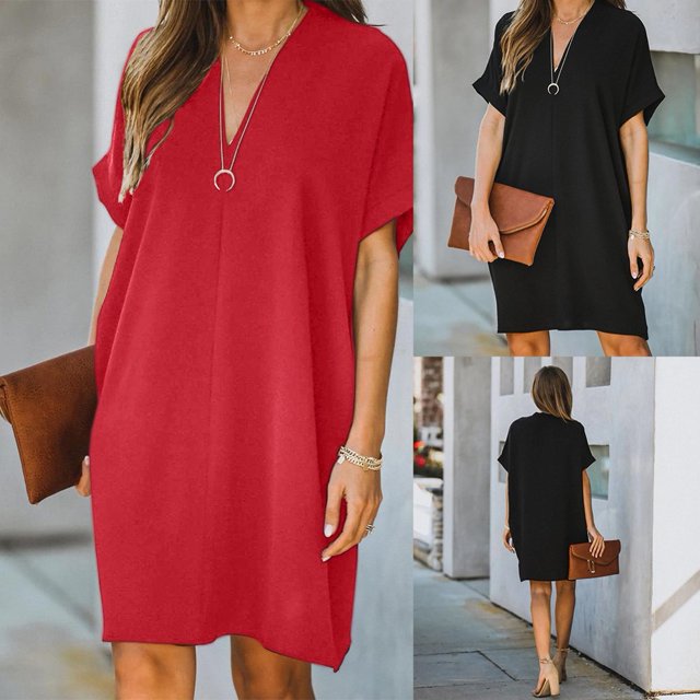 AMERTEER Robe de Bureau Décontractée pour Femmes, Col en V, Manches Courtes, Couleur Unie, Longueur Genou