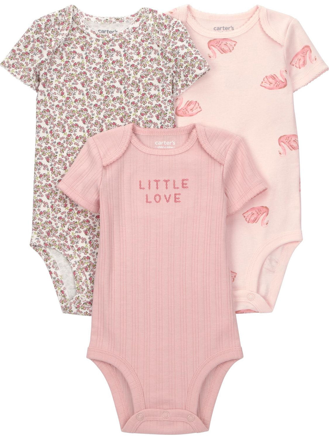 Carter's Child of Mine Infant Girl 3pk Bodysuits Short Sleeve Pink Floral Love