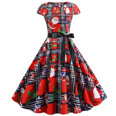 Robe de Noël Vintage pour Femmes, Imprimé Vintage, Sans Manches, Col Rond, Soirée, Robe de Fête, Robe de Noël, Manteau