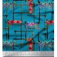 thumbnail image 1 of Soimoi Tissu en Velours Bleu Imprimé Géométrique & Floral Rose au Mètre 58 Pouces de Large, 1 of 5