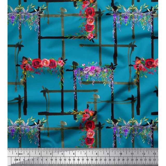 Soimoi Tissu en Velours Bleu Imprimé Géométrique & Floral Rose au Mètre 58 Pouces de Large