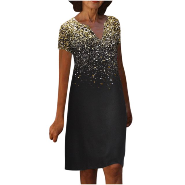 Robes à Manches Courtes pour Femmes, Teinture sur Nœuds Floral, Col en V, Robe Midi Évasée, Été, Décontractée, Coupe Ample, Robe à Enfiler Longueur Genou
