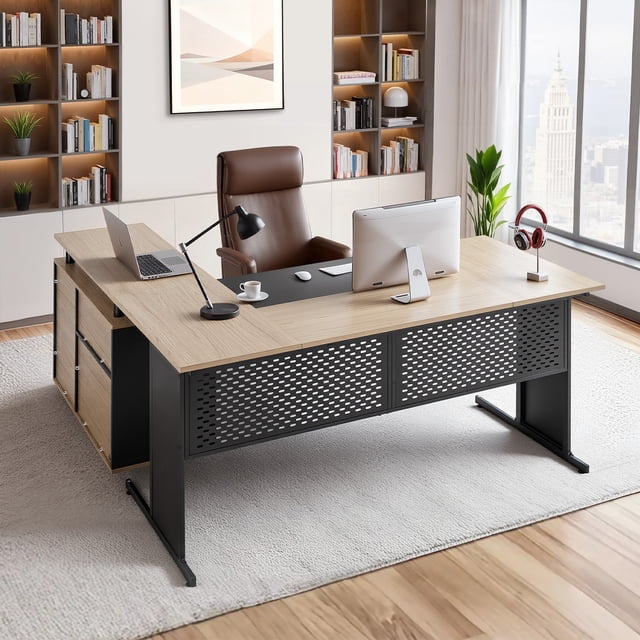 VEVOR Bureau Exécutif en L, Table de Bureau Moderne Réversible avec Tiroirs et Armoire de Rangement, Grande Table Exécutive en Bois Robuste, Capacité de Charge de 350 Lb, Assemblage Facile, pour le Travail, les Études et l'Écriture