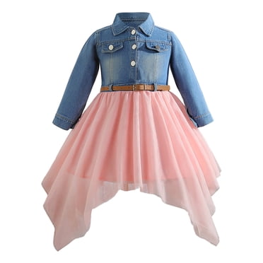 HBFAGFB Dresses for Girls Lapel Button Down Long Sleeved Denim Dress Mesh Trendy Skirt Pink Size 140