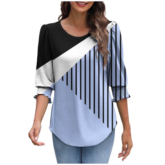 Chemises à Manches 3/4 pour Femmes, Hauts Décontractés avec Poignets Smockés, Hauts Asymétriques pour Femmes, Chemisiers Graphiques de Bureau, Bleu Pâle, TG