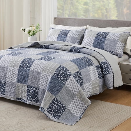 Cozyholy Navy Blue Gray Oversized King Quilt Set 128x120, 3 Piece Quilted Bedspread Set Patchwork Plaid Bedding Comforter Set Reversible Lightweight Microfiber Bed Spread Coverlet