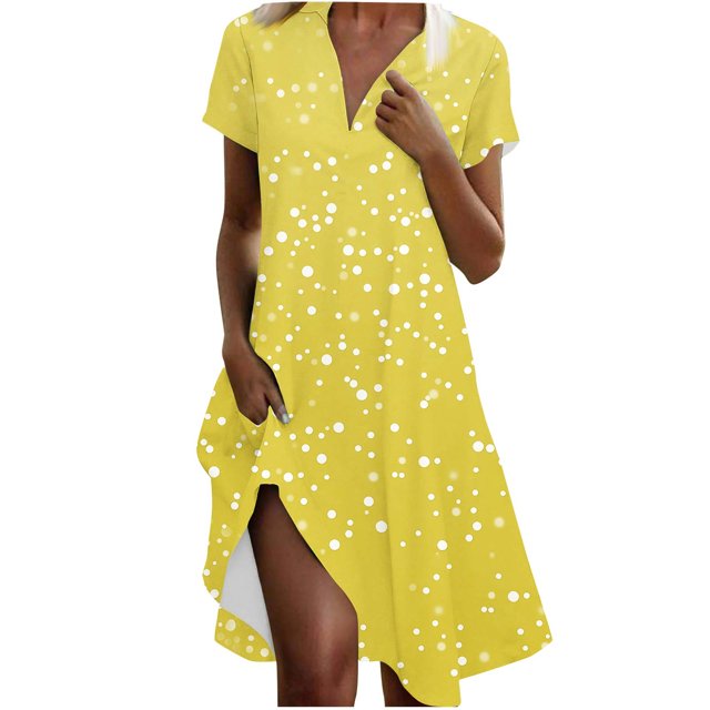 VEKDONE Robe Mode Femme à Imprimé Polka Col en V Manches Courtes Ample et Confortable Jaune P