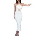 thumbnail image 1 of Faithtur Femmes Modifié Cheongsam Longue Robe Couleur Unie Floral Décoration Licou Cou Épaule Coupe Robe, 1 of 6