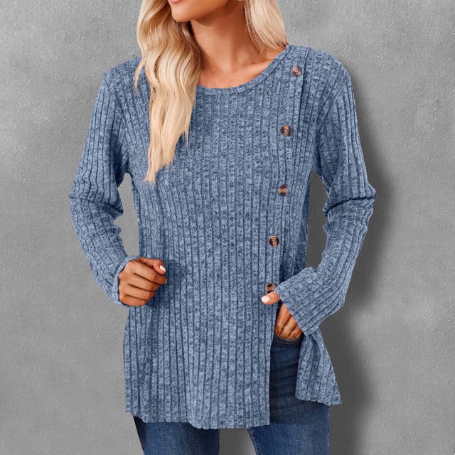 Birdeem Women's Solid Short Color Casual Long Sleeve New Round Neck Solid Color Panel Button Long Sleeve Loose