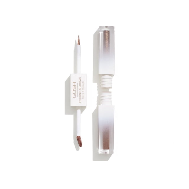 GOSH EYECONIC SHADOWS-003 SAVAGE dual-ended eyeshadow with matte and metallic brown shades, featuring a built-in applicator with a pointed brush and sponge tip, designed for smudge-proof, waterproof wear and oil control, shown uncapped on a white background, suitable for creating long-lasting eye makeup looks.