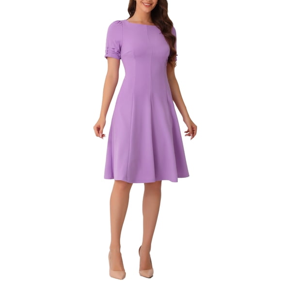 INSPIRE CHIC Edition Women's A-Line Work Square Neck Ruched Short Sleeve Midi Dress S Lavender