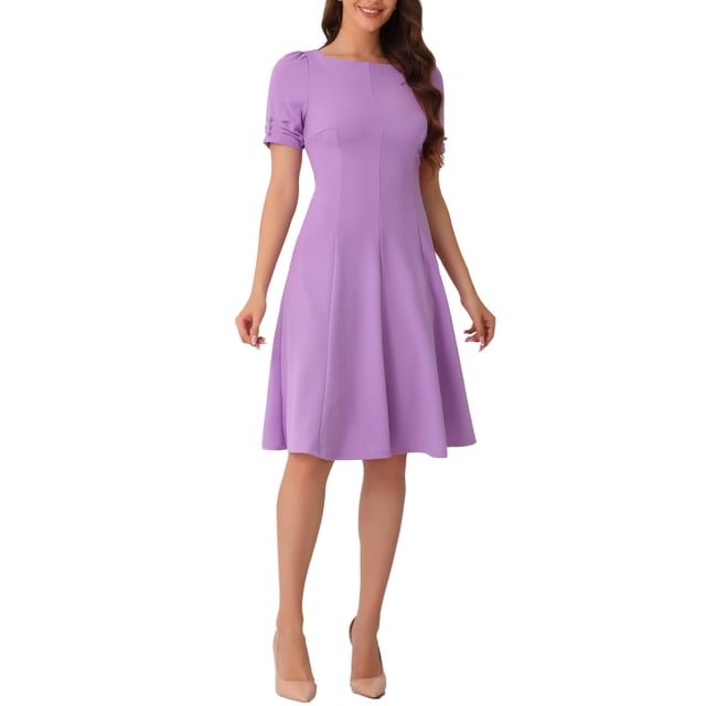INSPIRE CHIC Édition Robe Midi Trapèze de Travail pour Femme à Encolure Carrée Froncée à Manches Courtes P Lavande