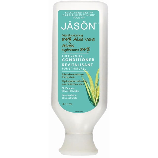Jason Moisturizing 84% Aloe Vera Pure Natural Conditioner in a white 473 mL squeeze bottle with teal label featuring aloe vera illustration, designed to moisturize, smooth, and control frizz for dry hair without parabens, SLS, or phthalates, also suitable for enhancing hair shine and manageability.