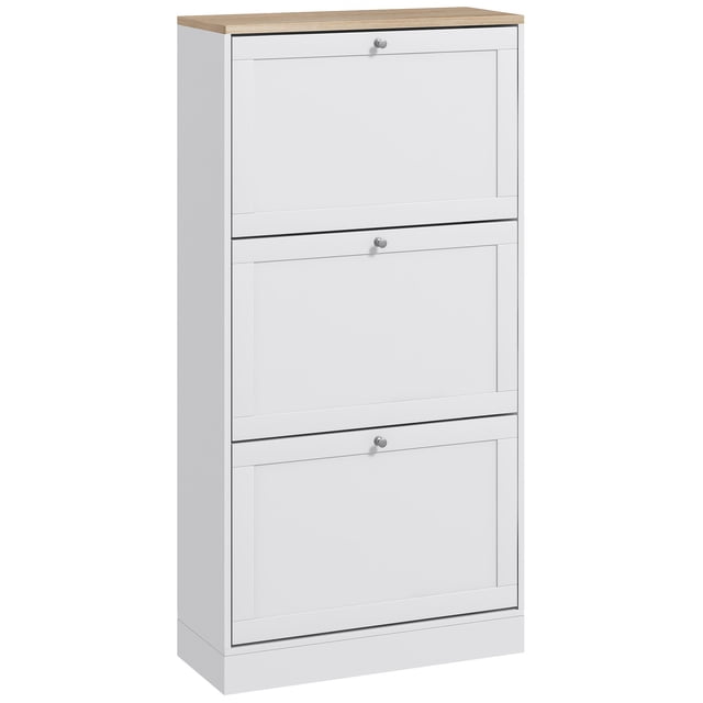 HOMCOM Armoire à Chaussures Moderne avec 3 Tiroirs Basculants pour 18 Paires de Chaussures. Cette Armoire en Panneau de Particules Blanc Comprend Trois Tiroirs Basculants avec Tablettes Ajustables, Pouvant Accueillir jusqu'à 18 Paires de Chaussures, Incluant des Tailles jusqu'à 10 cm. Sa Conception Compacte Mesure 23,6 Pouces de Large, 9,3 Pouces de Profondeur et 45,3 Pouces de Hauteur, Ce Qui la Rend Idéale pour les Petits Espaces. la surface Supérieure Offre un Espace Supplémentaire pour la Déco Ou le Rangement, et la Quincaillerie Anti-Basculement Ass