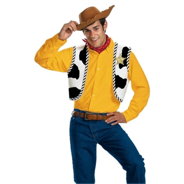 Occasions DG23433 Woody Costumes pour Toutes les Woody Kit Adulte Comprenant un Gilet à Imprimé Vache avec un Écusson de Shérif Doré, un Bandana Imprimé Rouge et un Chapeau de cowboy en Mousse Souple. le costume Est Inspiré de Histoire de jouets de Disney. le Modèle Porte une Chemise Jaune et des jeans Bleus, Qui Ne Sont Pas Inclus dans le Kit. Convient à la Plupart des Adultes, Est Fait de 100 % polyester et Conçu pour l'Halloween Ou des Événements à Thème.