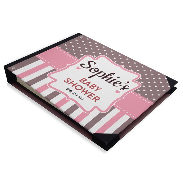 Darling Souvenir Pink Stripe| Heart & Frame Personalized Printed Baby ShowerGuestBookHardbound Cover Sign InBookRegistry Scrapbook-9 x 12 Inches