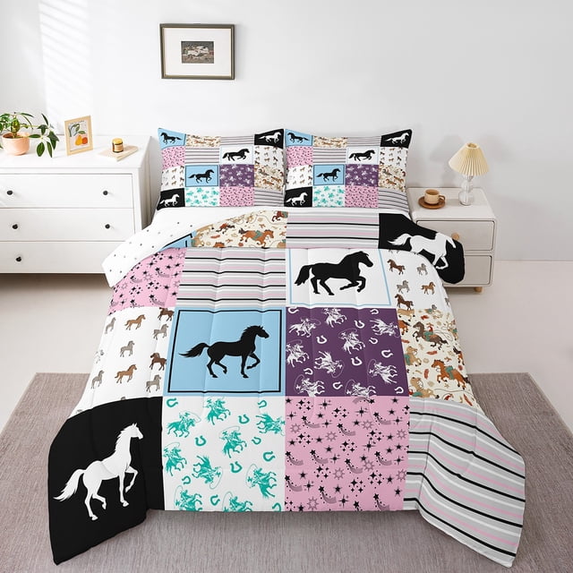 Erosebridal Ensembles de Couette Cheval Fer à Cheval Taille Tout-Petit, Couettes et Duvets à Rayures Géométriques, Décoration Cowboy, Réversible, 2 Pcs