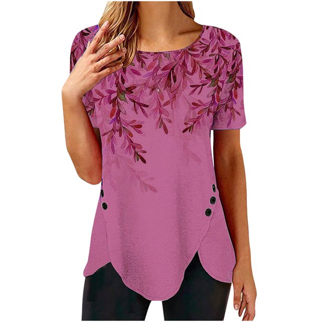 Pompotops Femmes Mode Imprimé T-shirt en Vrac Boutons Manches Courtes Chemisier Col Rond Casual Tops