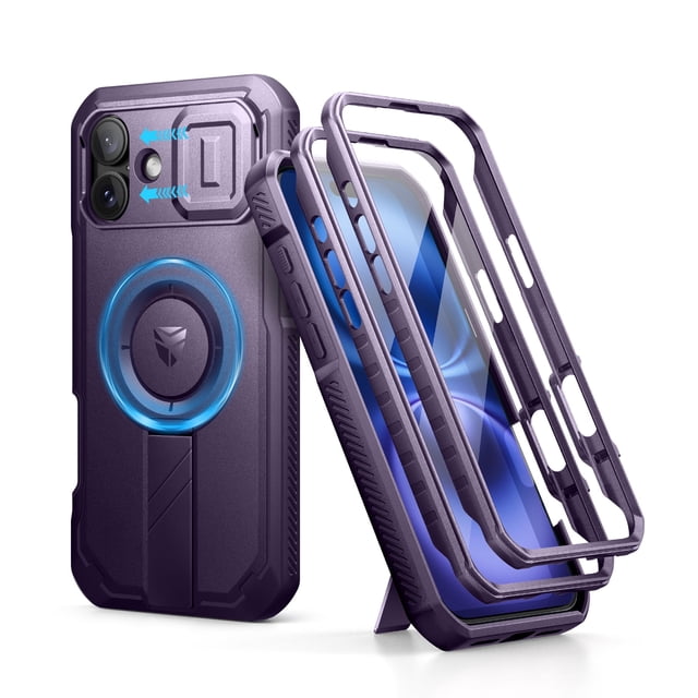 Dexnor for iPhone 16 Plus Case with Slide Camera Cover & Adjustable Kickstand & Built-in Screen Protector,Compatible with MagSafe Shockproof Bumper Cases Heavy-Duty Magnetic Protective Cover, Purple