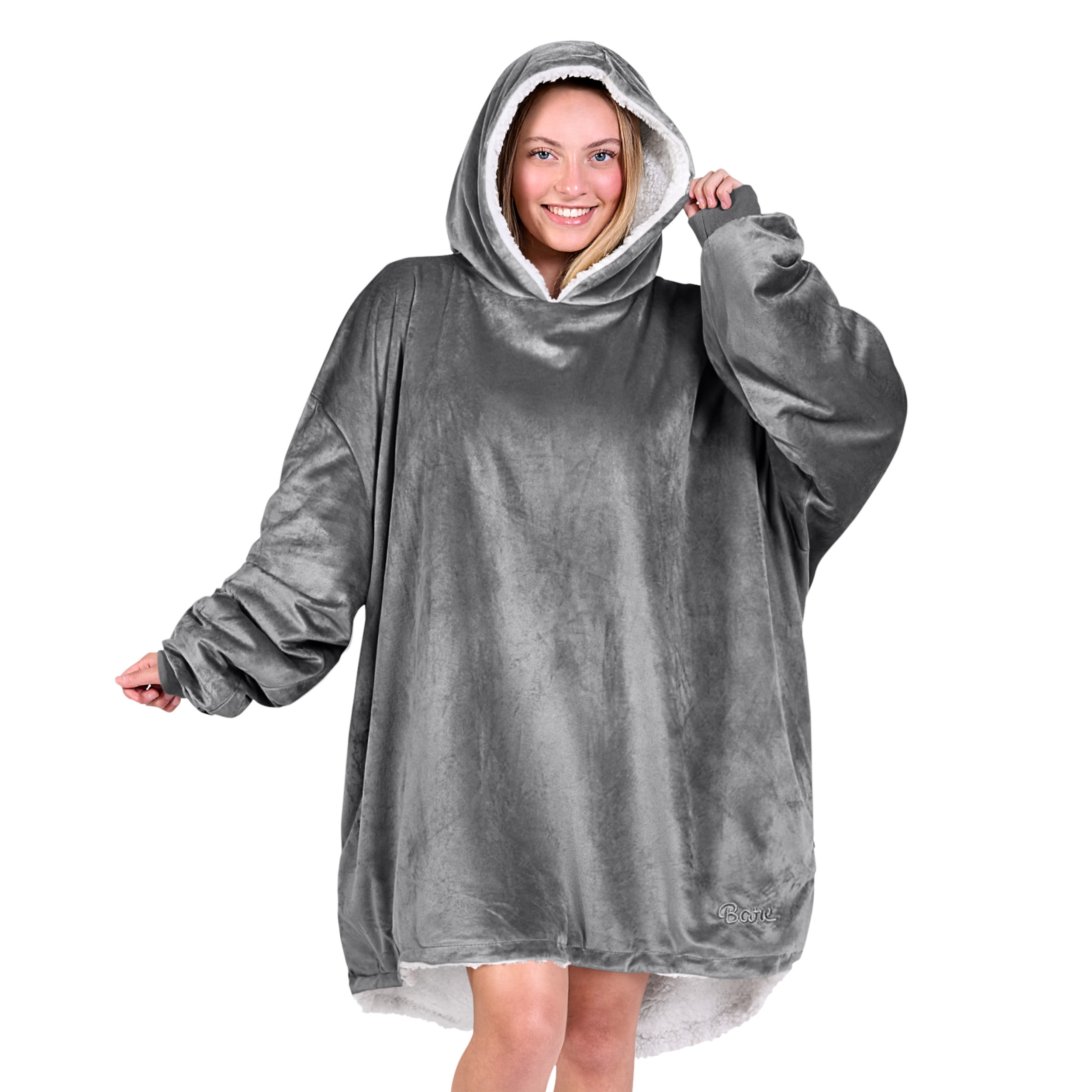 Bare Home Plush Sherpa Wearable Blanket - Fluffy & Soft - Lightweight - Adult, Gray