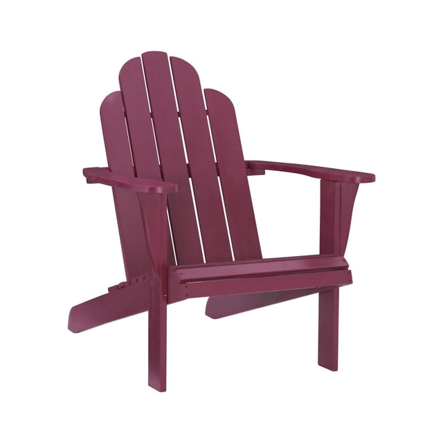 Red Adirondack Outdoor Chair made of solid acacia wood with a high back and wide armrests, featuring a traditional slatted design and durable red stain finish, ideal for outdoor patio or poolside seating and suitable for indoor cottage-style décor.