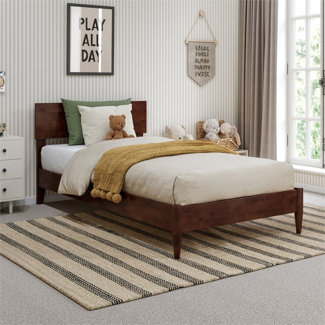 Aria Lit Plateforme Moderne à Profil Bas en Bois Massif pour Lit Simple, Noyer