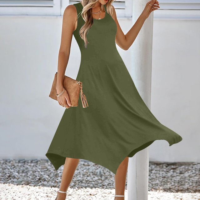 EQWLJWE Robes Maxi Fluides pour Femmes à Fleurs, Robes Mini Bohèmes à Volants pour Femmes, Robe Décontractée Ample Sans Manches à Col Rond, Ligne A, Ourlet Irrégulier, Robe de Soirée à Fleurs Évasée, Robe d'Été de Plage