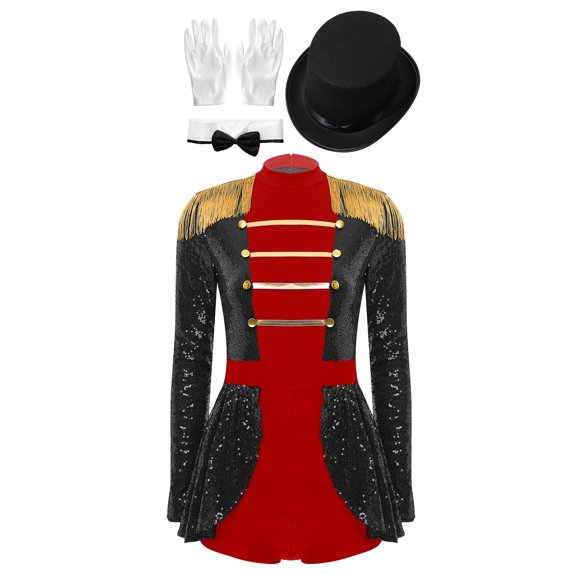 iiniim Womens Sequin Leotard Circus Halloween Cosplay Costume Adults Ravishing Ringmaster Costume Set Black L