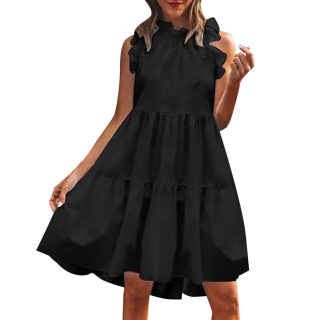B91xZ Robe Tunique d'Été pour Femmes, Coupe Ample Décontractée, Robe Évasée Qui Cache le Ventre avec Poches, Noir, Taille TG. Robe d'Été Sans Manches à Étages, Col Ras du Cou et Tissu polyester-spandex Respirant. Comprend Deux Poches Latérales pour Plus de Commodité. Parfaite pour un Usage Quotidien Décontracté, les Sorties d'Été Ou à Agencer avec des Accessoires comme des Chapeaux et des Lunettes de Soleil.