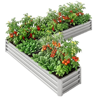 Outsunny L-Shaped Raised Garden Bed Galvanized Steel Planter Box Silver