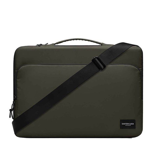 Gaston Luga Dash Cushioned Briefcase 16" in olive made from durable vegan leather and recycled polyester, featuring padded protection, reinforced corners, a black adjustable and detachable shoulder strap, a top handle, a front zipped pocket, and a back sleeve for luggage attachment, fitting laptops 11" to 16" and suitable for business or travel use.