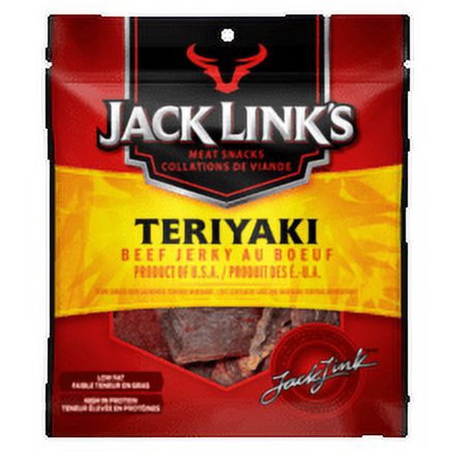 JACK LINK'S TERIYAKI BEEF JERKY 80G resealable red and black bag with yellow label featuring the Jack Link's logo and red bull head, containing thin strips of teriyaki-flavored beef jerky, a protein-rich snack ideal for fueling busy days or outdoor activities.