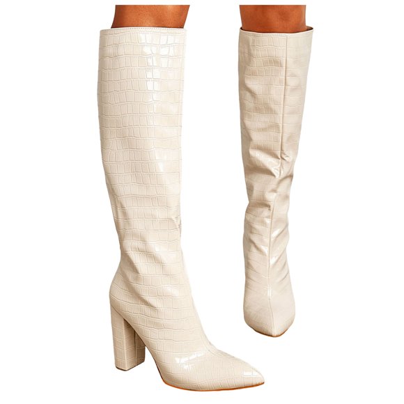 IUJSOY Women's Heeled Mid Calf Boots Pointed Toe Vintage High Block Heel Pull on Dress Boots