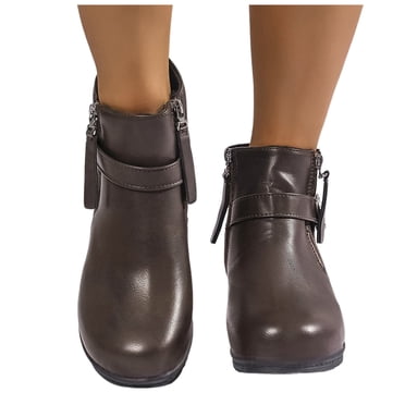 Bottes Compensées pour Femmes Dames Mode Boucle Cuir Bout Rond Bottines à Talons Bottines Courtes Bottes Habillées avec Fermeture Éclair Latérale