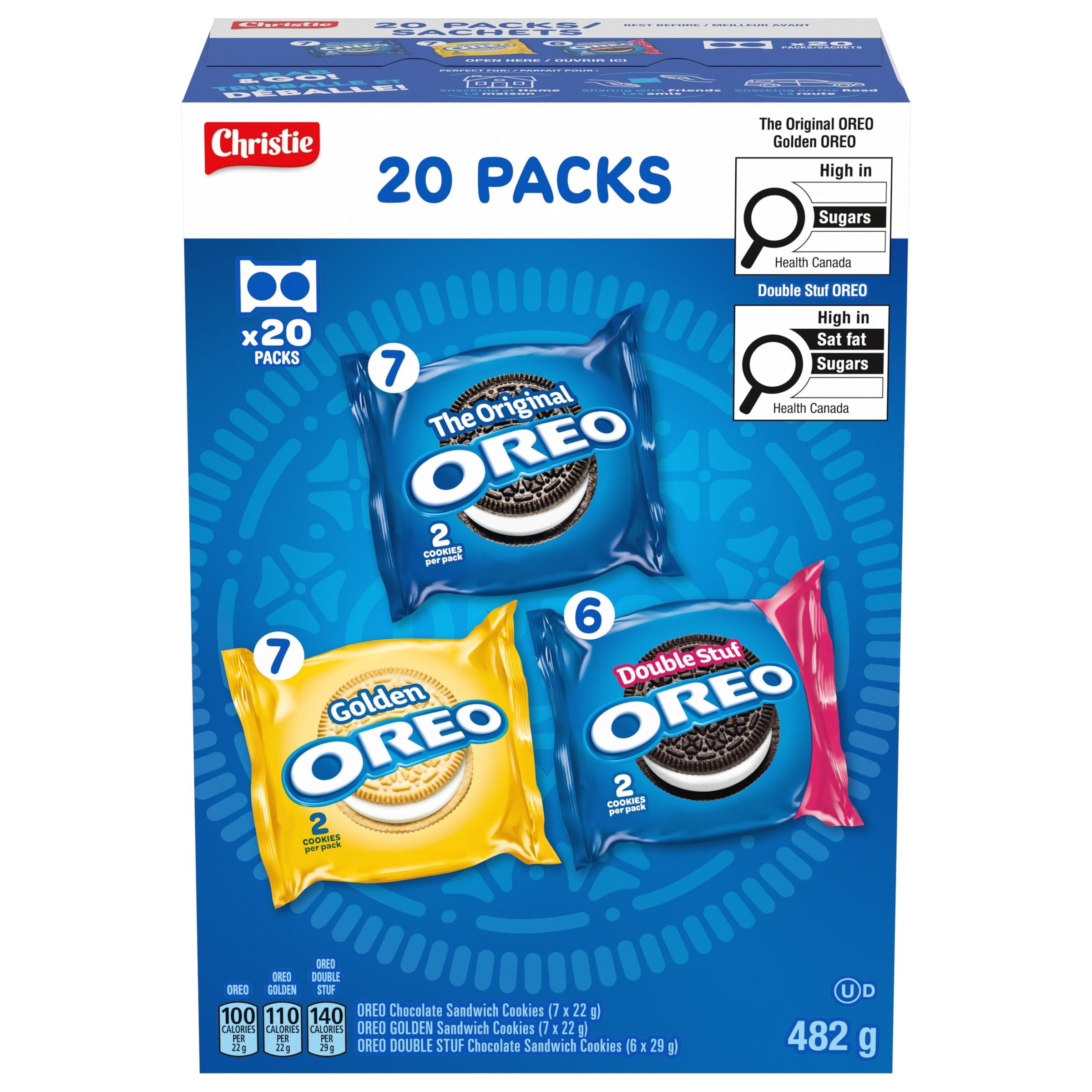 OREO, 20 Paquets de Collations (Individuellement Emballés), 40 Biscuits, École, Dîner, Voyage, Cadeau, Anniversaire, Paquet Variété en Gros de Biscuits Sandwich au Chocolat Original & Double Stuf & Vanille Dorée