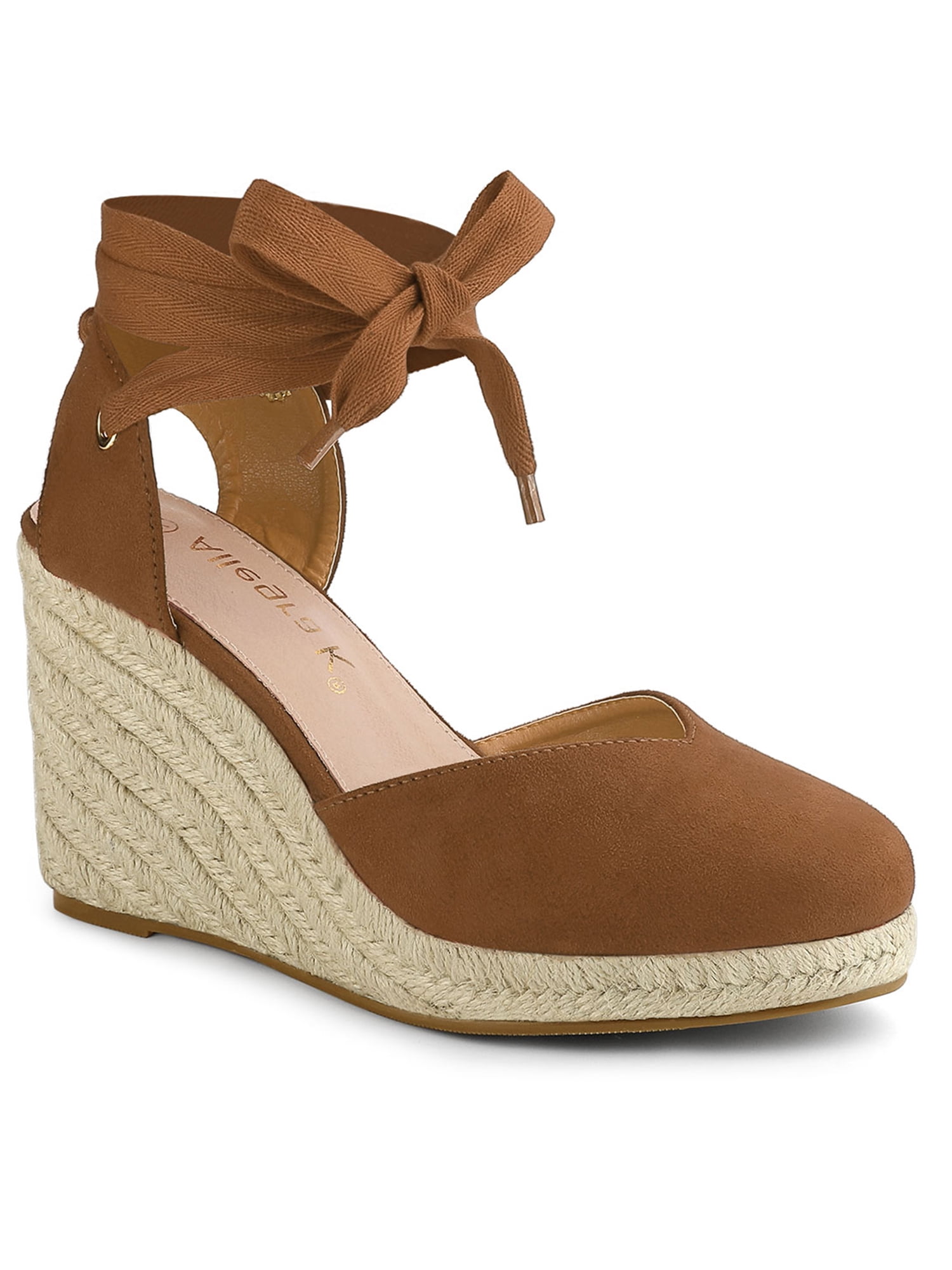 BLISSFUL STEP Chaussures pour Femmes Sandales Espadrilles à Talon Compensé Haut Bout Rond Brun 7
