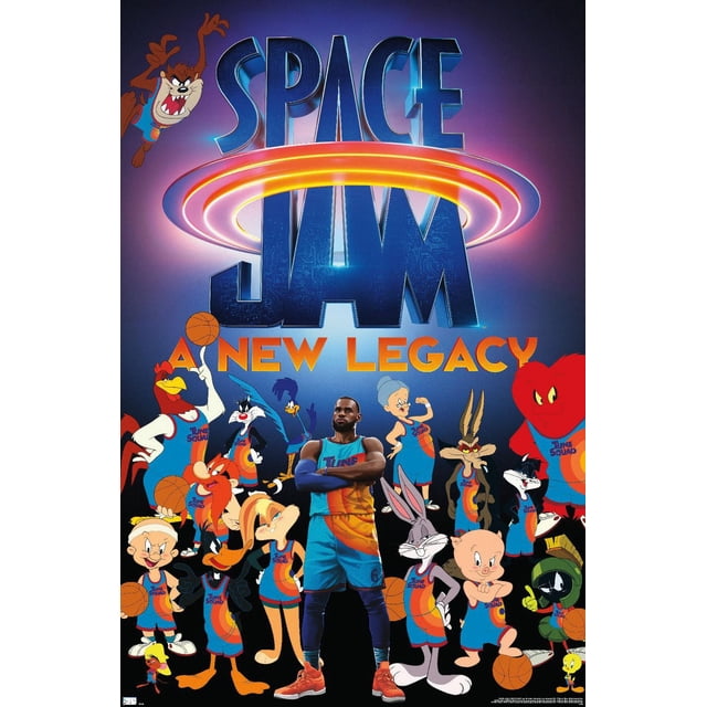 Space Jam : A New Legacy - Affiche Murale d'Équipe, 14,725 Po x 22,375 Po, Mettant en Vedette un Joueur de basketball Centré en Uniforme d'Équipe avec des Morceaux Bleus et orange, Entouré de Personnages Looney Tunes en Chandails Assortis, avec le Titre Audacieux « Space Jam » et le sous-Titre « A New Legacy » Ci-Dessus, Imprimé sur Papier photo Brillant Idéal pour des Oeuvres Murales Vibrantes et la Déco de Chambre.