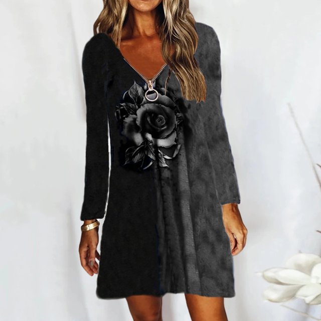Robe Ample Décontractée pour Femmes à Col en V Classique à Manches Longues avec Imprimé Floral