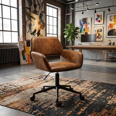 Homy Casa 1-Piece 24'' Brown Swivel Task Chair, Adjustable Faux Leather Desk Chair with Arms for Home Office