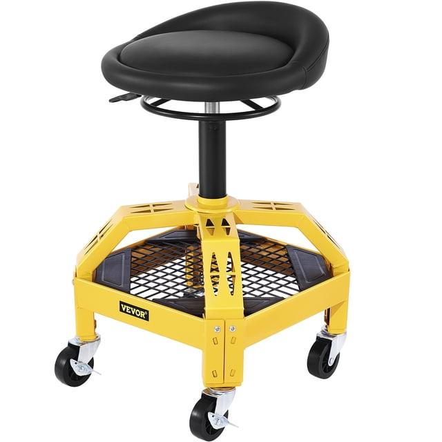 VEVOR Tabouret de Garage Roulant avec une Capacité de 300 Lb, Doté d'Une Hauteur Réglable de 24 Pouces à 28,7 Pouces. le Tabouret a un Siège Rembourré Noir, un Cadre en Acier Jaune et un Plateau de Rangement pour Outils Intégré. Il Comprend des Roues Pivotantes à 360 Degrés avec Deux Freins Verrouillables pour la Stabilité. Conçu pour les Ateliers, les Ateliers de Réparation Automobile et les garages.