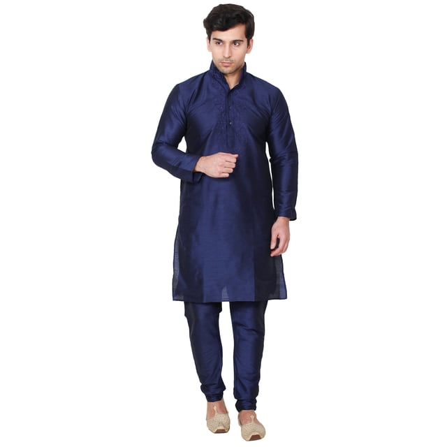 Ensemble Kurta-Pyjama en Soie Artistique pour Homme, Robe de Mariée, Vêtements Indiens (Bleu, M)