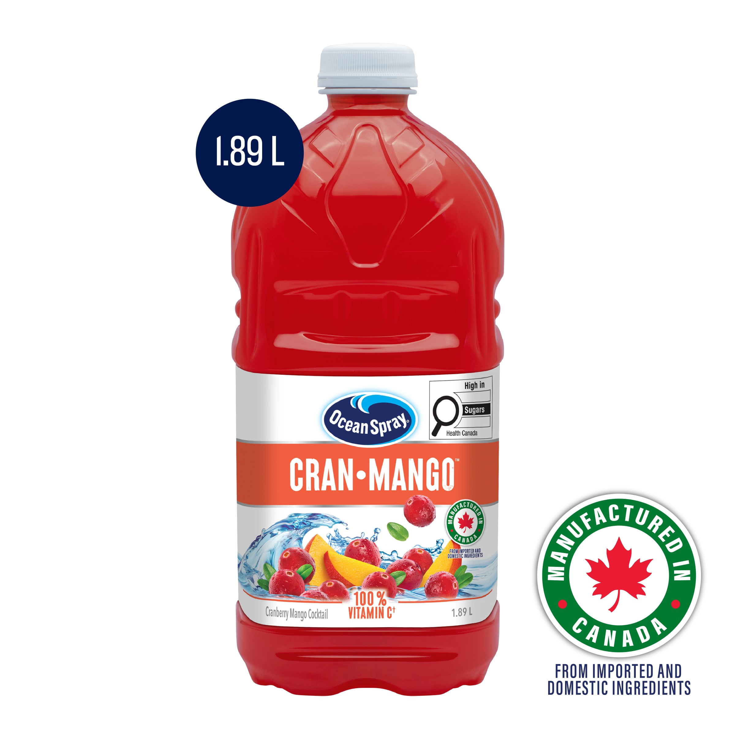 Ocean Spray Cran•Mango Cocktail 1.89L. Mix of Crisp, Refreshing Cranberry and Juicy, Tropical Taste of Mango. Does Not Contain Allergens. Recyclable.