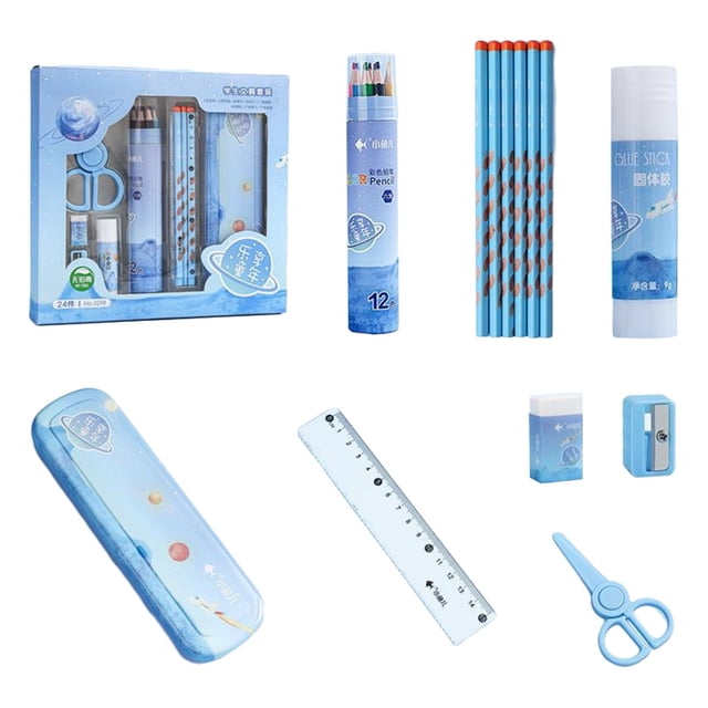 Dvkptbk Stationery for students Children Fun: 24 Stationery Set - Piece Set, 4 Pencils, 12 Colored Pens, A Glue, An Eraser, A 15cm Ruler, A Pair of Scissors, A Pencil Sharpene