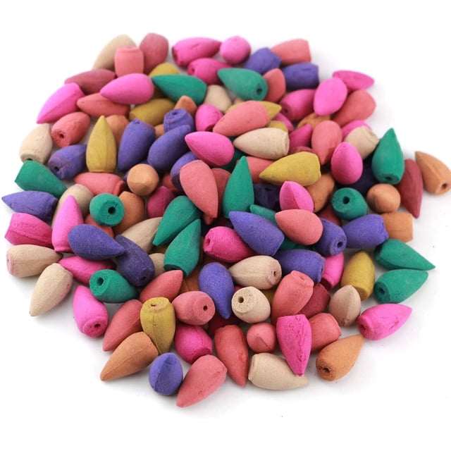300Pcs Backflow Incense Cones in a mix of 9 natural scents, including sandalwood, agarwood, thuja, wormwood, rose, jasmine, lavender, osmanthus, and ambergris. The multicolored cones are made from frankincense wood powder and essential vegetable oil, designed for use in backflow incense holders. Suitable for home, office, rituals, and relaxation purposes.